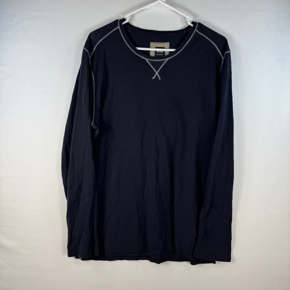 Hugo Boss Mens Regular Fit Long Sleeve T-Shirt Navy Blue Contrast Stitching